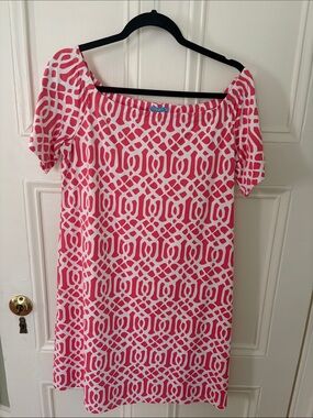 J. McLaughlin Pink and White Geometric Off-Shoulder Mini Dress